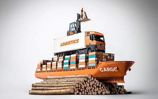 A stack of wooden logs with a cargo ship, a truck, and a forklift carrying cardboard boxes on top.