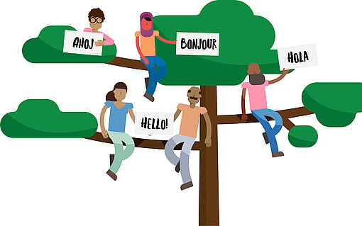 An illustration of people sitting in a tree holding welcoming signs in different languages.