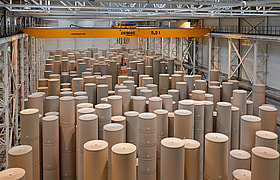 A warehouse full of Mondi's containerboard paper reels.