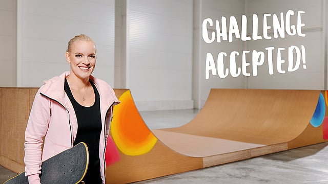 Olympic skateboarder Julia Bruckler standing in front of a half-pipe made from Containerboard by Mondi. Text in the image reads: 