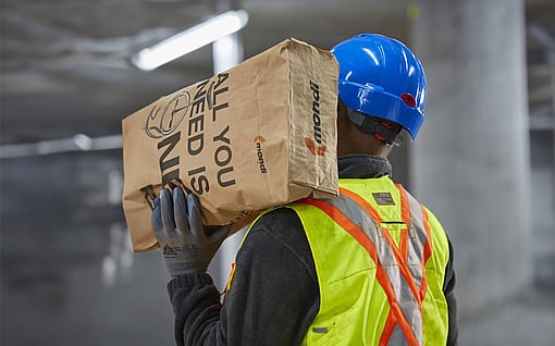 A construction worker carrying a paper bag of cement.