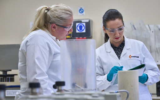 Two Mondi colleagues inspect a document.