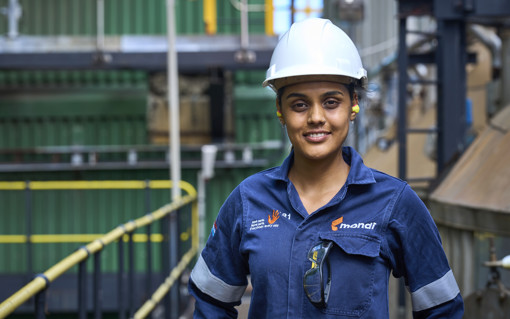 Mondi female production worker outside of plant