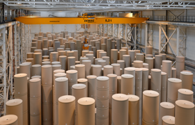 A warehouse full of Mondi's containerboard paper reels.