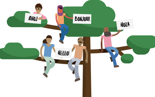 An illustration of people sitting in a tree holding welcoming signs in different languages.