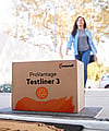 A woman walks into a house. At the doorstep lies a brown corrugated box with the writing ProVantage Testliner 3.