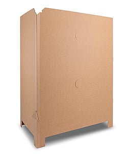A product image of a large-volume container designed for intralogistics, made from corrugated cardboard.