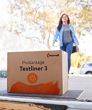 A woman walks into a house. At the doorstep lies a brown corrugated box with the writing ProVantage Testliner 3.