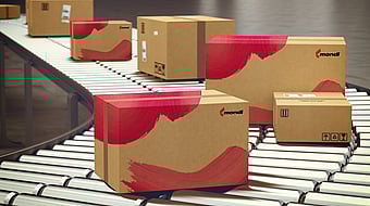 Brown corrugated boxes are on a conveyor belt.