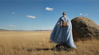 A person wearing a long, flowing light‑blue coat stands in a wide, grassy plain under a clear blue sky, holding a small brown package. A large boulder sits nearby, and distant mountains line the horizon, creating a dramatic open‑landscape setting.
