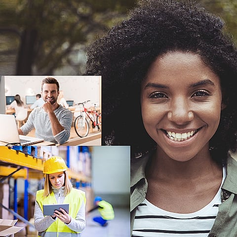 A collage of images featuring business people in various work situations, with a smiling woman at the center.