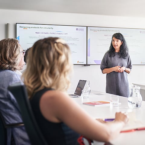 senior female office worker presenting