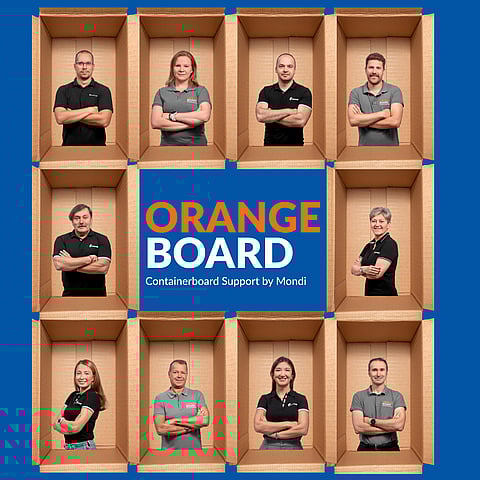 An illustration features the Containerboard Technical Sales Team within a corrugated board frame, with the Orange Board logo (Containerboard support by Mondi) at the center.