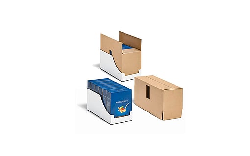Mondi's shelf-ready packaging solution, TwinBox, is shown with and without the lid, allowing consumers to access the product inside (a box of pasta).