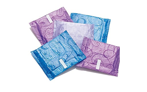 Single-wrap film and wicket bag packaging for sanitary napkins