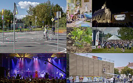 different activities of Wspieramy lokalnie are displayed, for example children drawing, people riding bicycles, the location and a concert.