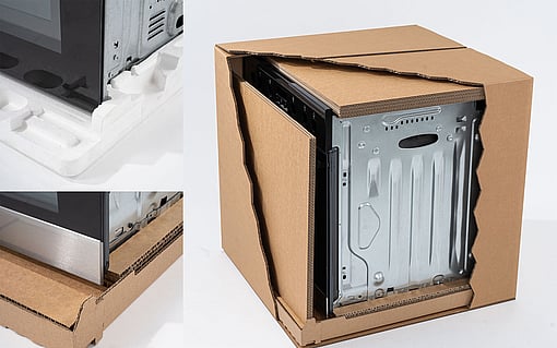 Illustration of a sustainable packaging solution that replaces polystyrene (EPS) with corrugated cardboard.