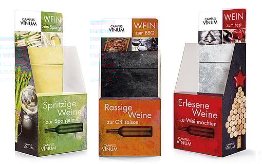 A range of displays for wine bottles.