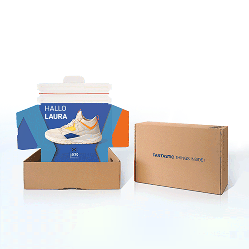 A shoe in a corrugated box featuring a printed design on the flap. The image is animated and displays the messages