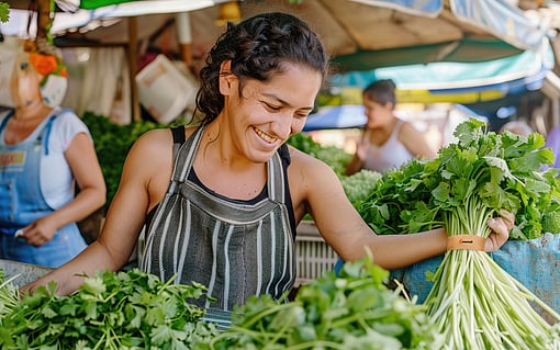 A fresh market worker putting fresh produce onto the stand.