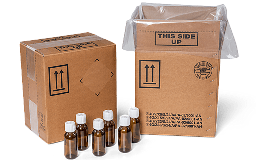 A lined, corrugated box made for dangerous goods.