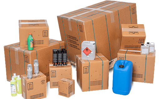 A collection of corrugated boxes made for dangerous goods.
