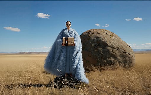 A person wearing a long, flowing light‑blue coat stands in a wide, grassy plain under a clear blue sky, holding a small brown package. A large boulder sits nearby, and distant mountains line the horizon, creating a dramatic open‑landscape setting.