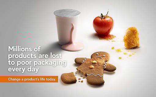 A spilled yoghurt pot, a squished tomato, a broken chicken nugget, a gingerbread man with a broken leg. The image reads, “Millions of products are lost to poor packaging every day. Change a product’s life today.”