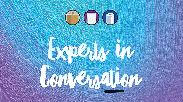 Experts in conversation written on blue background.