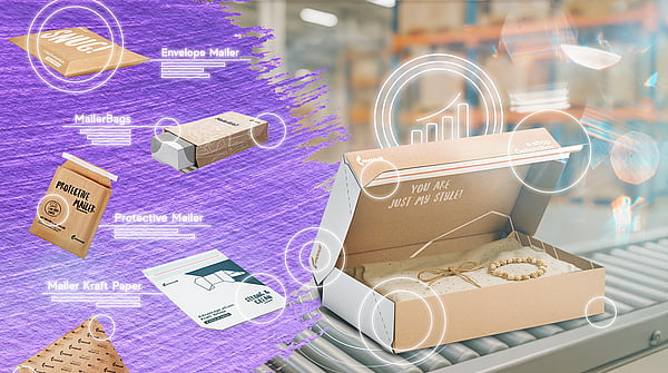 Image of various types of packaging including mailers, mailer bags and barrier paper on a conveyor belt
