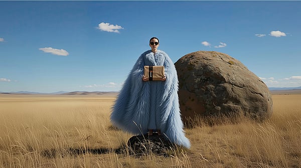 A person wearing a long, flowing light‑blue coat stands in a wide, grassy plain under a clear blue sky, holding a small brown package. A large boulder sits nearby, and distant mountains line the horizon, creating a dramatic open‑landscape setting.
