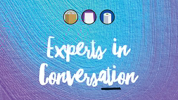 Experts in conversation written on blue background.