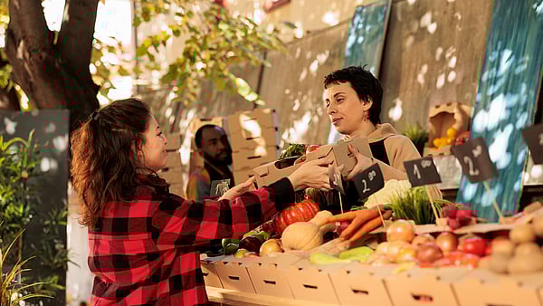 Women standing in front of selected fruit in corrugated boxes, buying fruit.