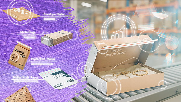 Image of various types of packaging including mailers, mailer bags and barrier paper on a conveyor belt