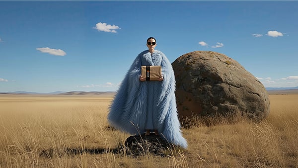 A person wearing a long, flowing light‑blue coat stands in a wide, grassy plain under a clear blue sky, holding a small brown package. A large boulder sits nearby, and distant mountains line the horizon, creating a dramatic open‑landscape setting.