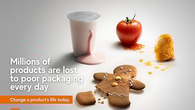 A spilled yoghurt pot, a squished tomato, a broken chicken nugget, a gingerbread man with a broken leg. The image reads, “Millions of products are lost to poor packaging every day. Change a product’s life today. Watch now.”