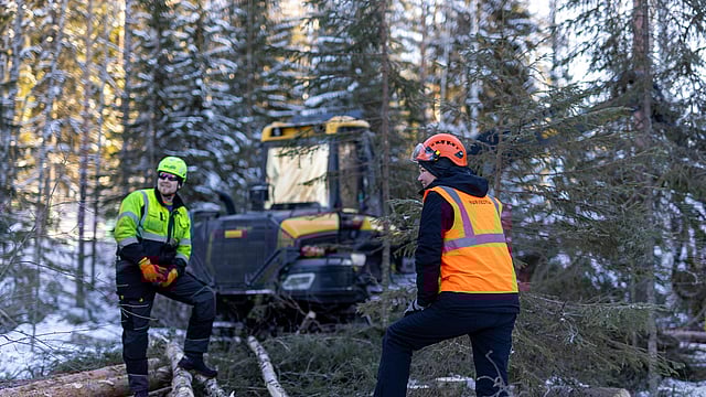 Zwei Forstarbeiter in gut sichtbarer Sicherheitskleidung stehen zwischen gefällten Baumstämmen in einem verschneiten Wald, im Hintergrund ist eine große Forstmaschine zu sehen.