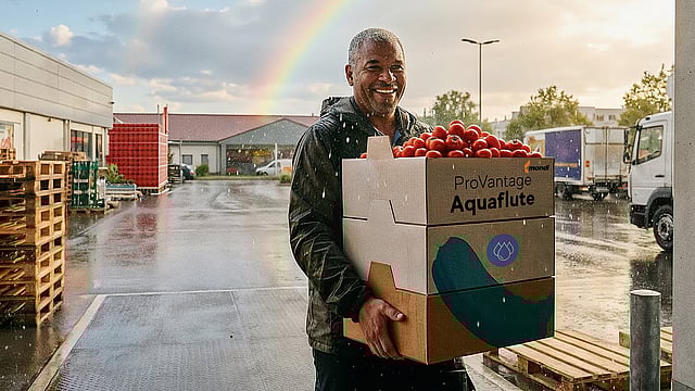 A child sitting in a cardboard box with Mondi branding, which he is pretending is a car and is being pushed by his dad.