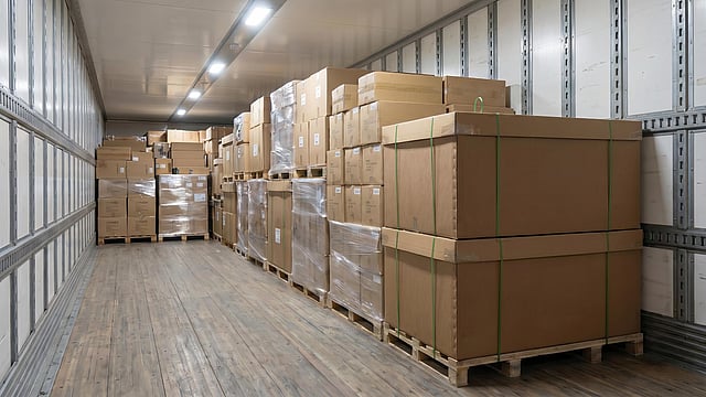 large corrugated boxes lined up in a storage unit