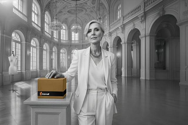 A fashionable woman in a white suit inside an old hall, resting her hand on Mondi packaging.