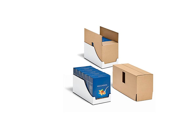 Es werden drei Kartonverpackungsformate gezeigt: eine oben offene Displaybox mit blauen Produktverpackungen, eine teilweise aufgebaute Version derselben Box mit angehobenem Deckel sowie ein vollständig geschlossener brauner Versandkarton. Alle drei veranschaulichen unterschiedliche Entwicklungs- bzw. Aufbaustufen im Wellpappen-Verpackungsdesign.