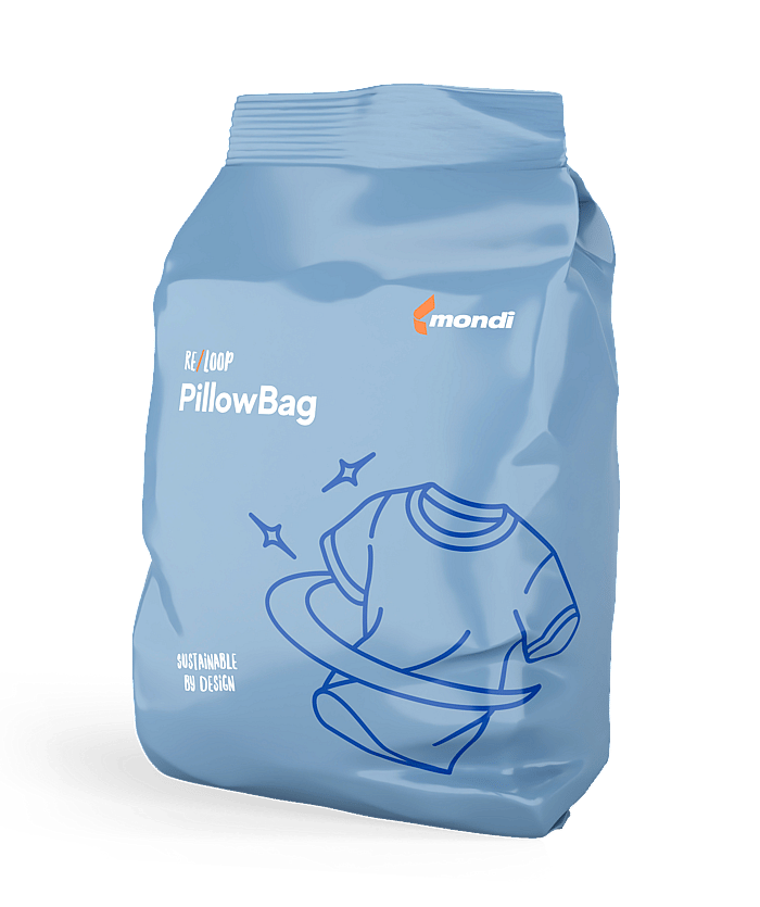 Light blue Mondi Re/loop PillowBag packaging featuring a line illustration of folded textiles and the text “Sustainable by design”.