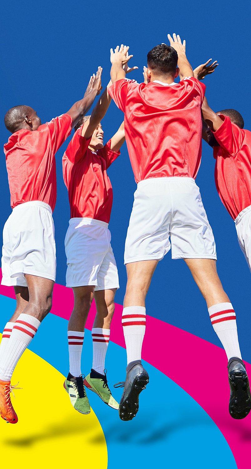 four athletes jumping in a circle giving high fives on a colourful background