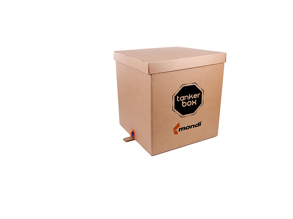 A packshot of a TankerBox by Mondi, a brown corrugated box.