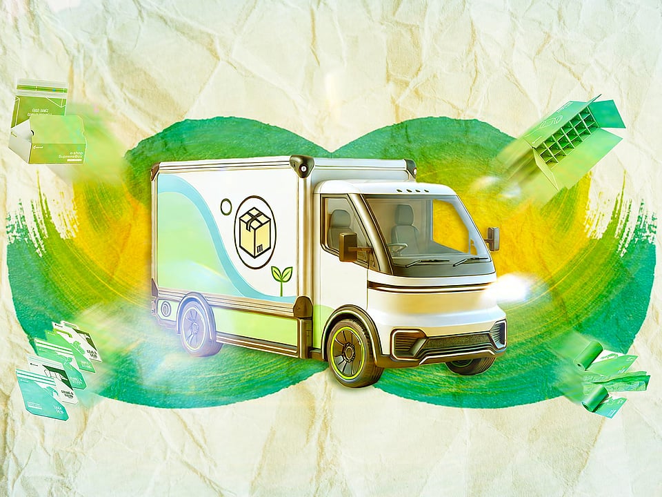 A graphical representation of the last mile in eCommerce deliveries with a truck on a colourful background surrounded by eCommerce packaging solutions.