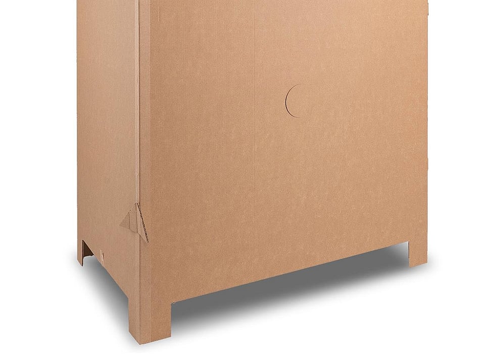 A product image of a large-volume container designed for intralogistics, made from corrugated cardboard.