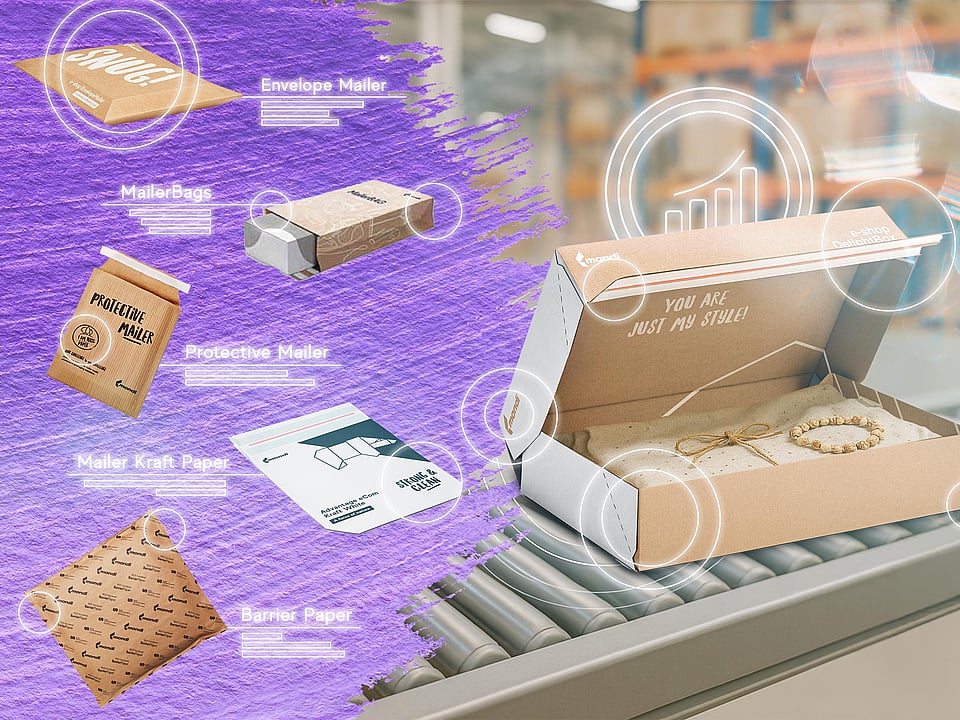 Image of various types of packaging including mailers, mailer bags and barrier paper on a conveyor belt