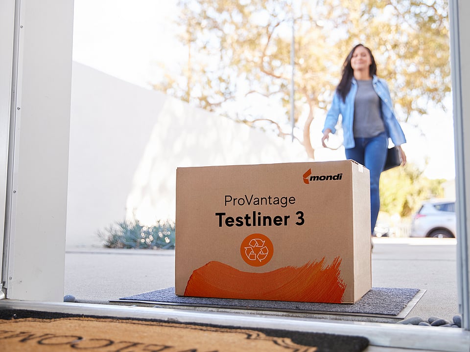 A woman walks into a house. At the doorstep lies a brown corrugated box with the writing ProVantage Testliner 3.