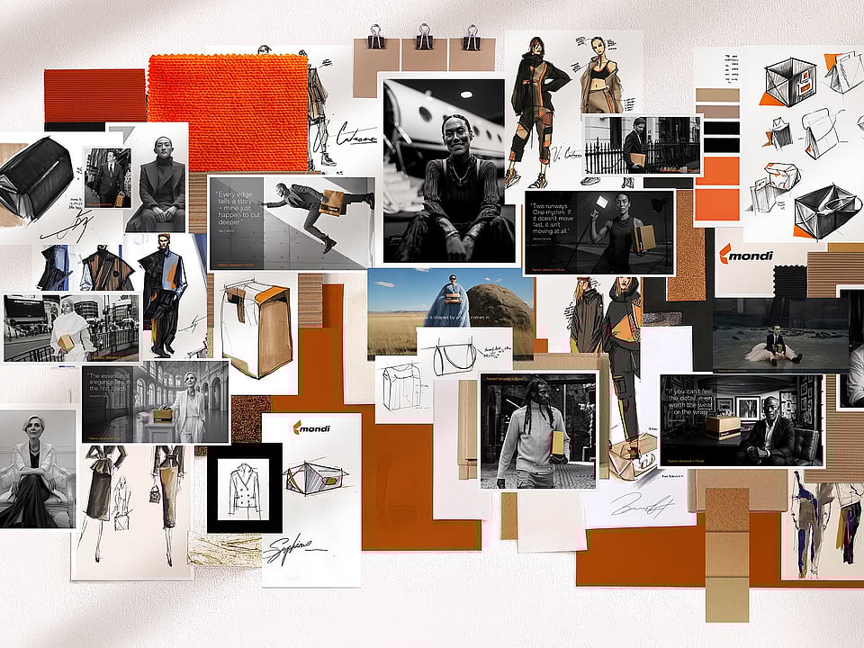 A moodboard combining fashion photos, design sketches, Mondi packaging, and orange Mondi-branded fabrics.
