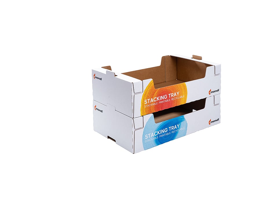 Stackable corrugated trays made by Mondi.